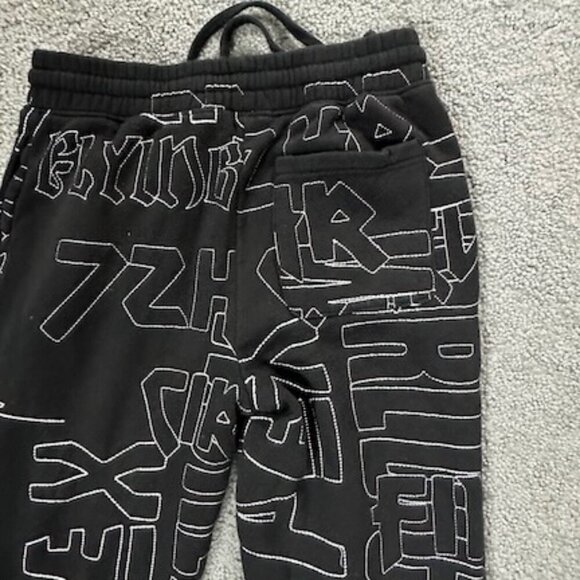 Black All Over Embroidered Stitched Graphic Messaging Drawstring Joggers -Size S - Picture 7 of 9